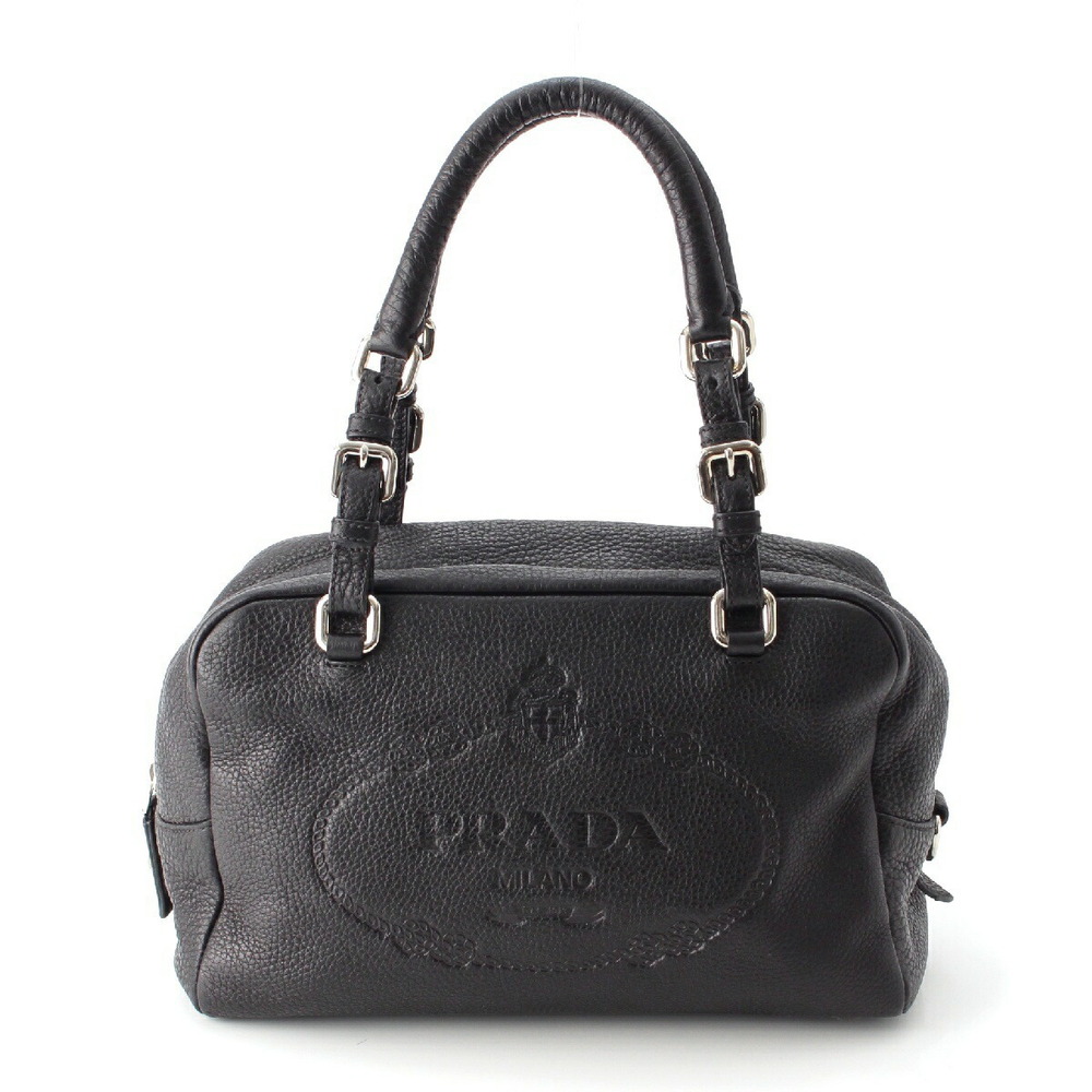 Prada Leather Embossed Logo Boston Handbag Black
